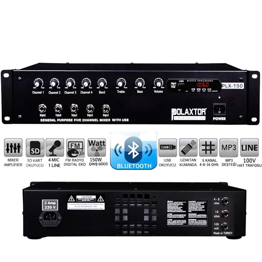 POLAXTOR PLX-150T Power Mixer Anfi 5 Kanal 150 Watt Trafolu Bluetooth Usb Sd Fm