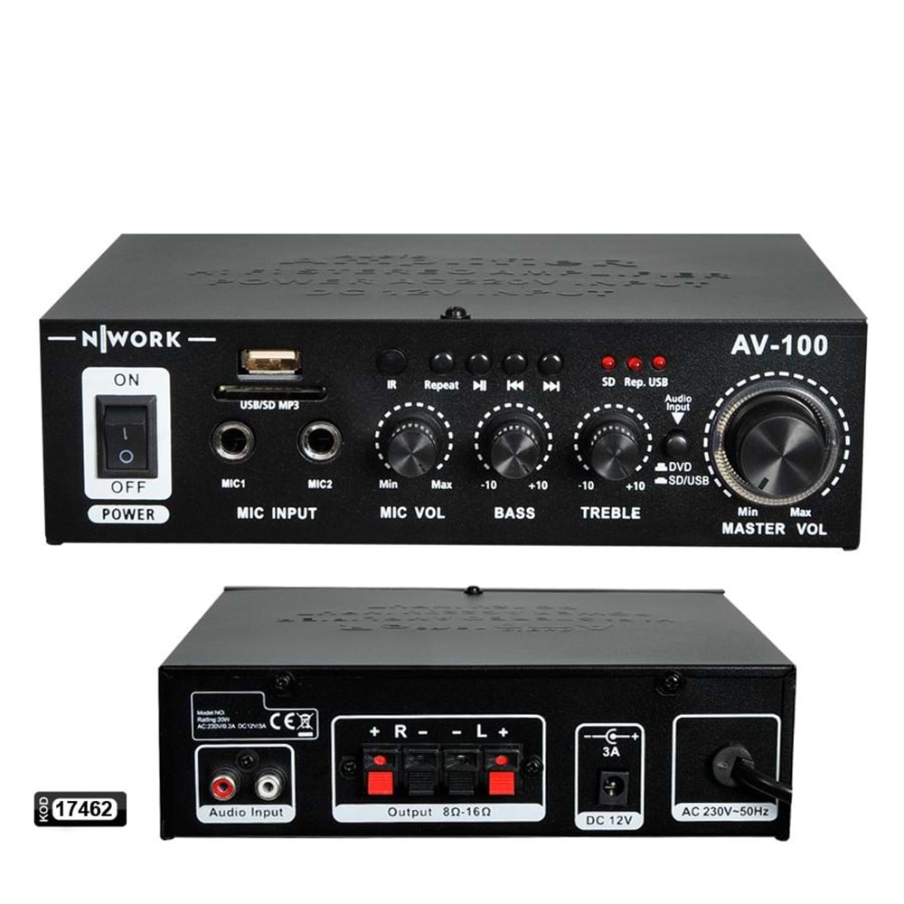 NWORK AV-100 Anfi 100 Watt 12V 220V Bluetooth Usb Sd