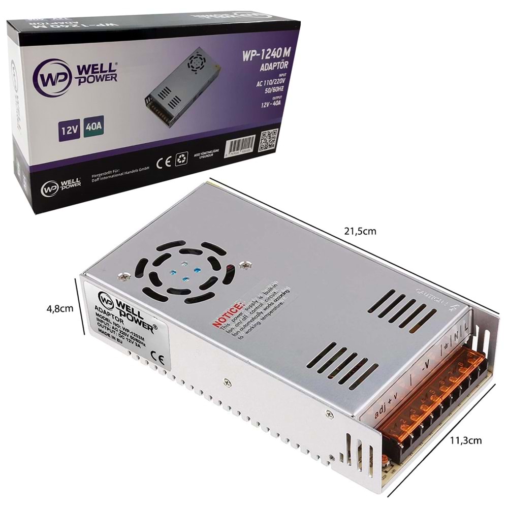 WELLPOWER WP-1240M Metal Kasa Adaptör Fanlı 12 Volt 40 Amper