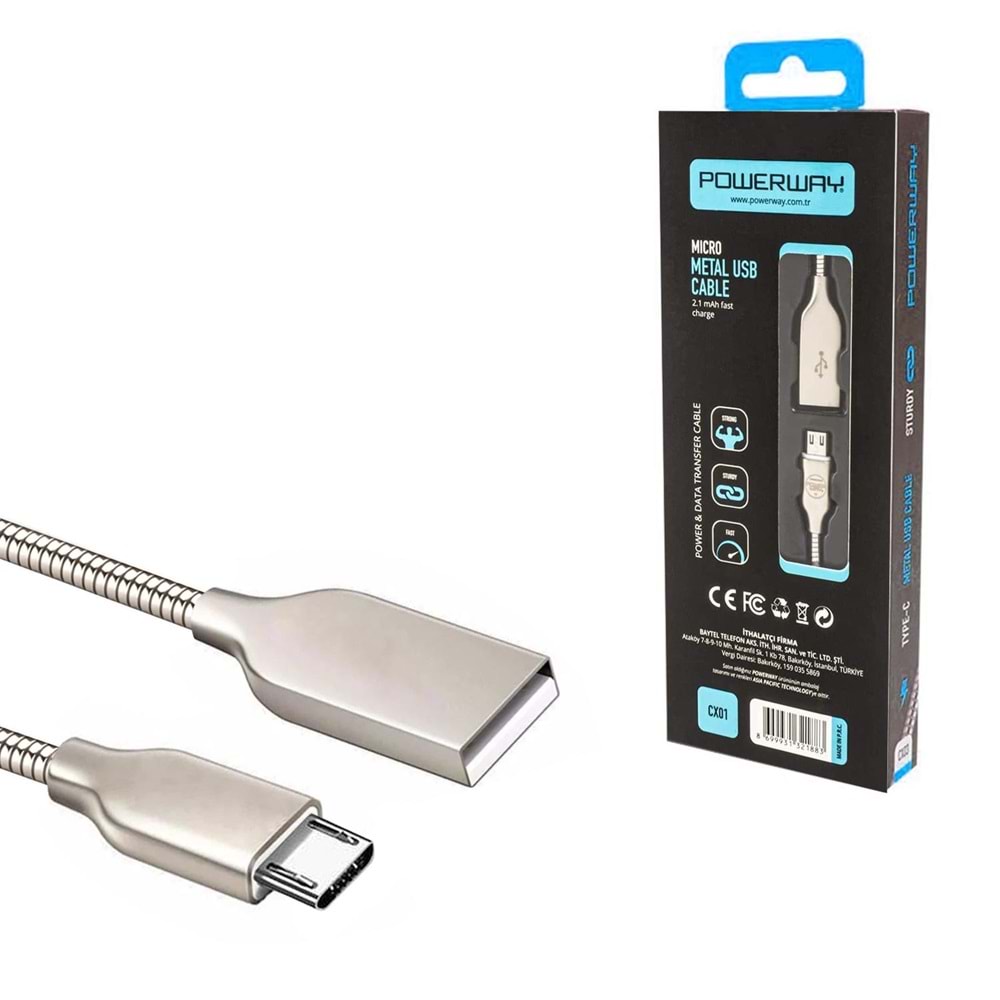 POWERWAY CX-01 Şarj Kablosu Micro 2,1A 1 Metre Metal
