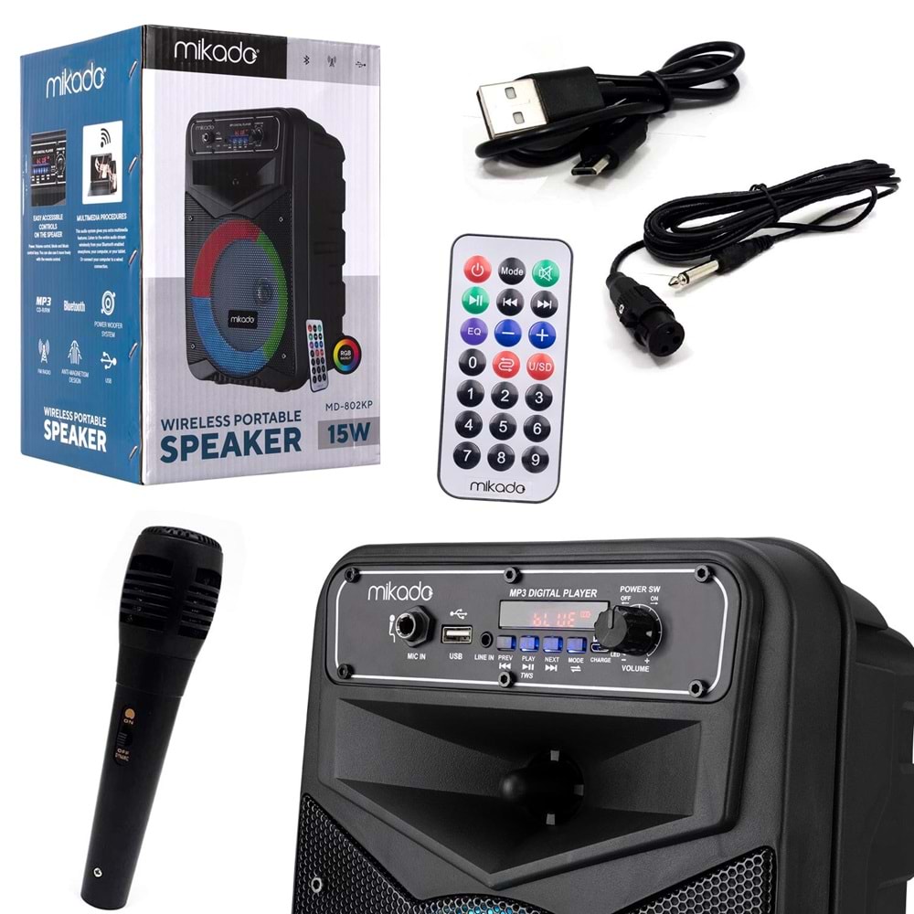 MİKADO MD-802KP Aktif Seyyar Anfi El Mikrofonlu 20cm 15 Watt Bluetooth Usb Ledli