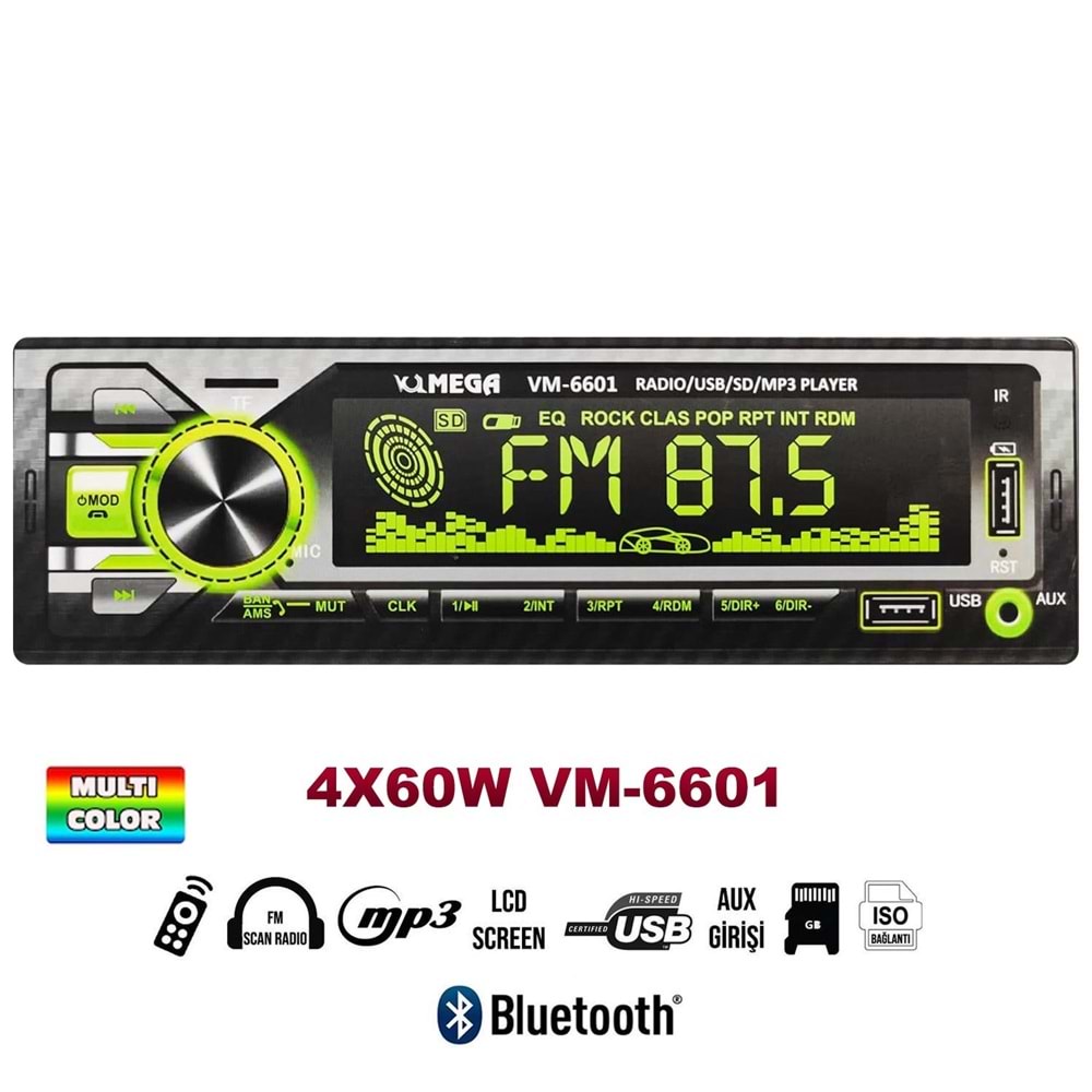 MEGA VM-6601 Oto Teyp 4X60 Watt Bluetooth Büyük Ekran
