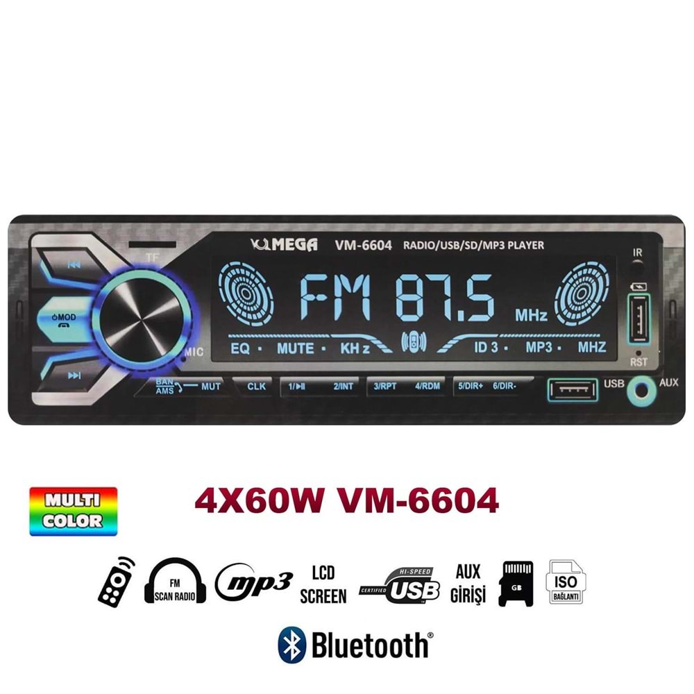 MEGA VM-6604 Oto Teyp 4X60 Watt Bluetooth Büyük Ekran