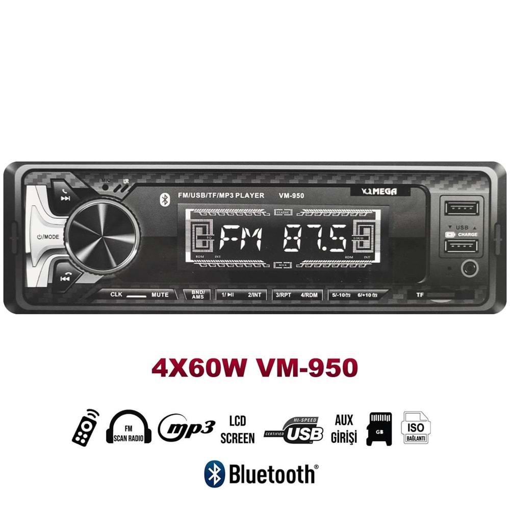 MEGA VM-950 Oto Teyp 4X60 Watt Bluetooth 2xUsb Sd Fm Aux