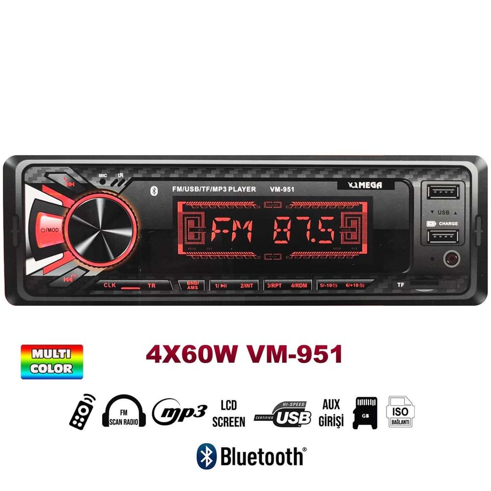 MEGA VM-951 Oto Teyp 4X60 Watt Bluetooth