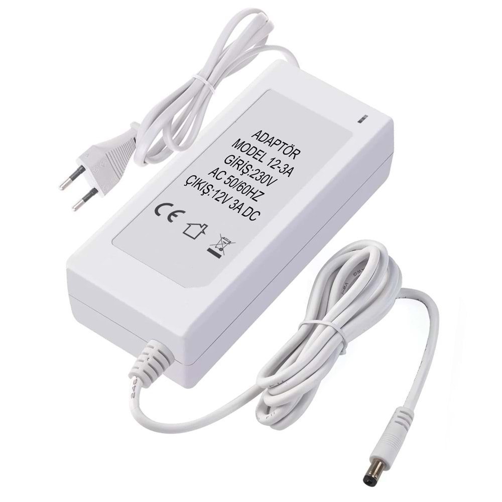 WATTBOX Adaptör 12 Volt 3 Amper 5,5x2,5mm Masa Tip Beyaz