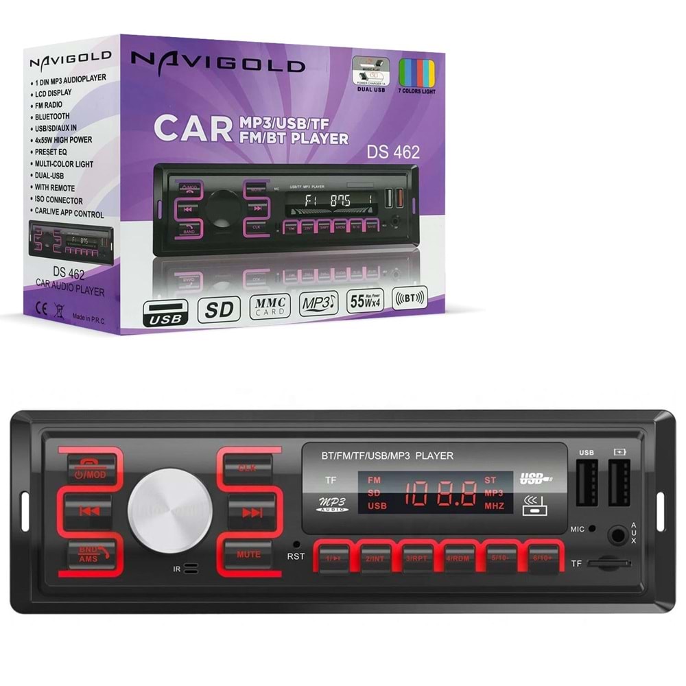 NAVIGOLD DS-462 Oto Teyp 4X55 Watt Bluetooth 2xUsb Sd Fm Aux