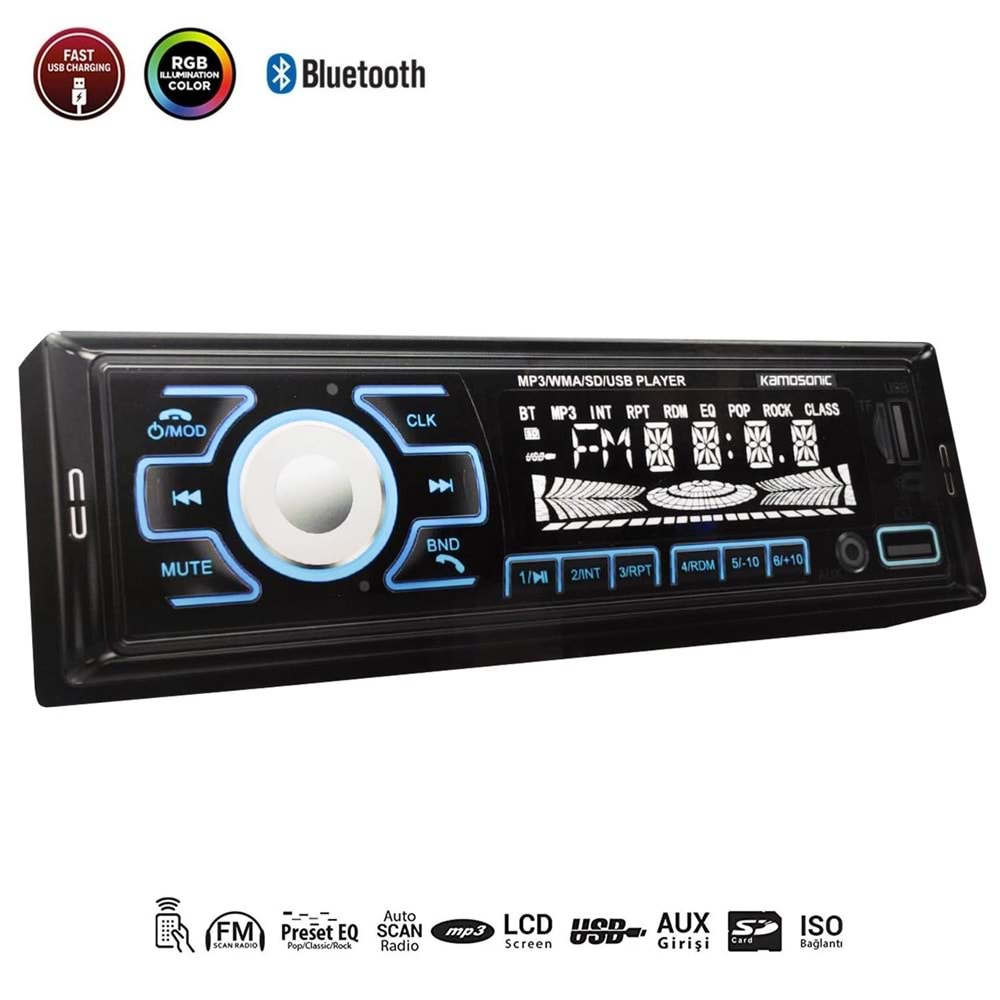KAMOSONIC KS-MX803 Oto Teyp 4X50 Watt Bluetooth 2xUsb Sd Fm Aux