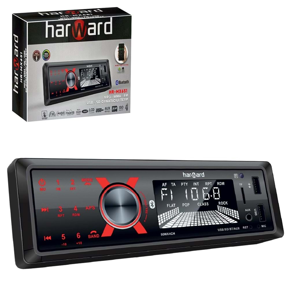 HARWARD HR-MX651 Oto Teyp 4X50 Watt Bluetooth Mobil Aplikasyon 2xUsb Sd Fm Aux