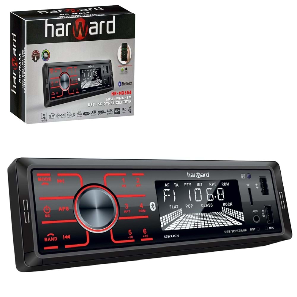 HARWARD HR-MX654 Oto Teyp 4X50 Watt Bluetooth Mobil Aplikasyon 2xUsb Sd Fm Aux