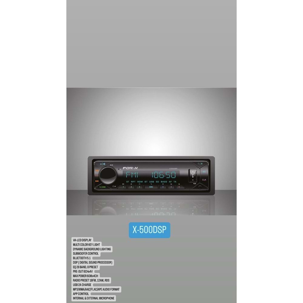 OTO TEYP 4X60W BT/2XUSB/SD/FM/AUX MOBİL APLİKASYON FOR-X X-500DSP