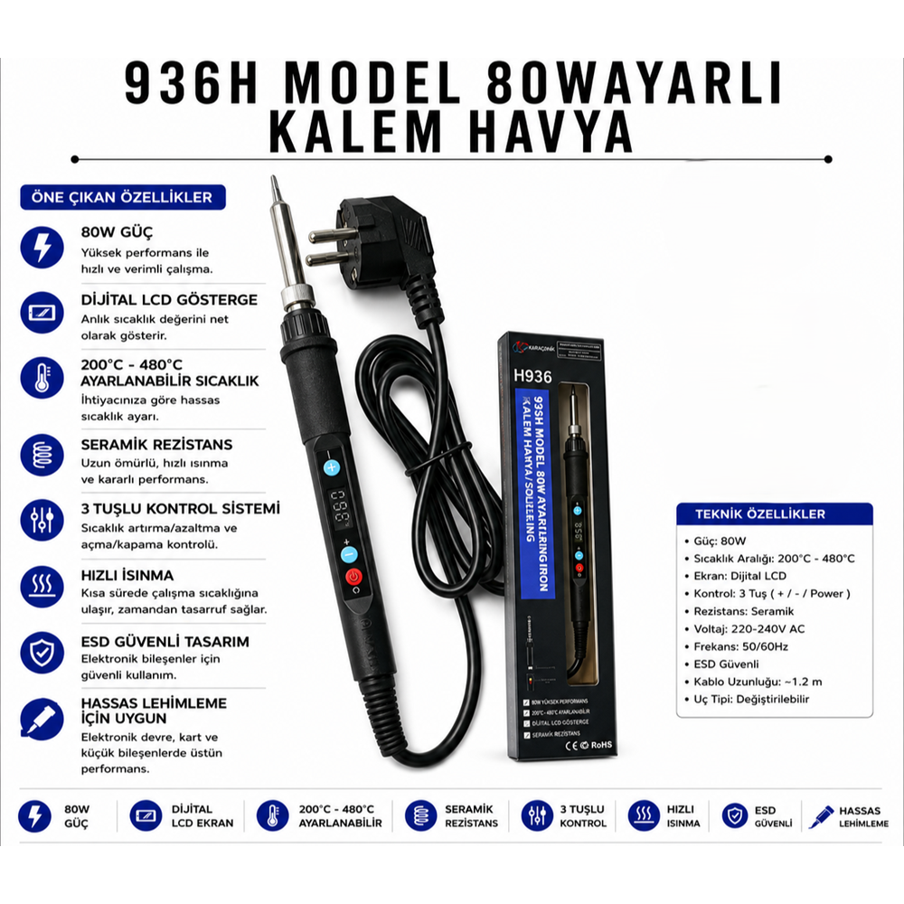 Forline 936H 80 Watt Ayarlı Kalem Havya