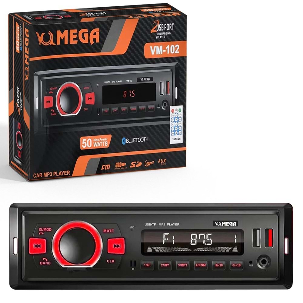 MEGA VM-102 Oto Teyp 4X50 Watt Bluetooth 2xUsb Sd Fm Aux