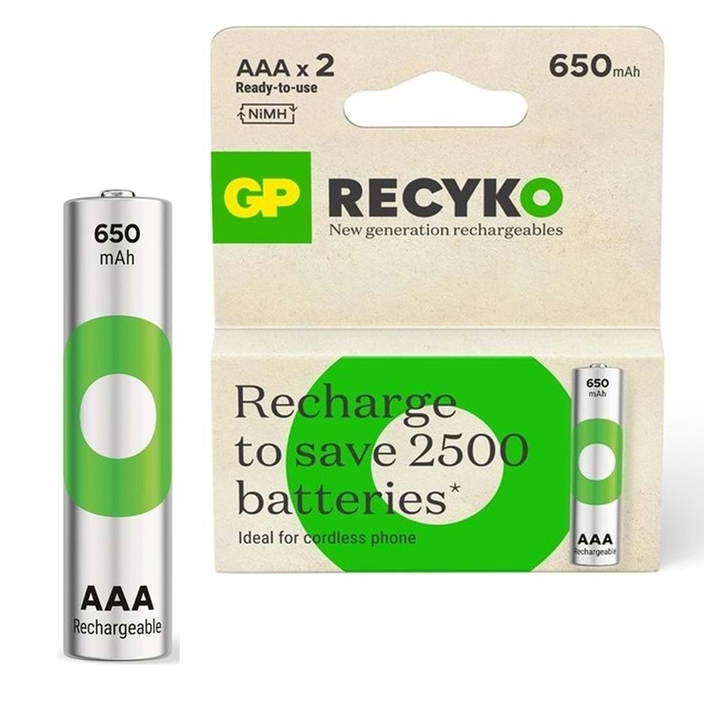 GP RECYKO GP65AAAHCER21 ŞARJLI PİL AAA İNCE 650MAH Nİ-MH (2 ADET)