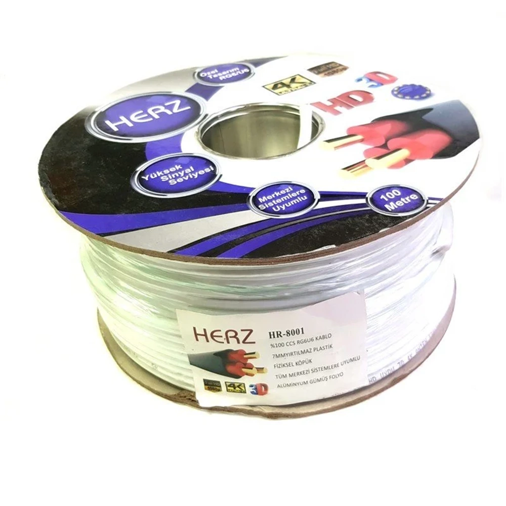 HERZ RG6/U6 8001 ANTEN KABLOSU 80 TEL - 100 METRE GÜMÜŞ BEYAZ
