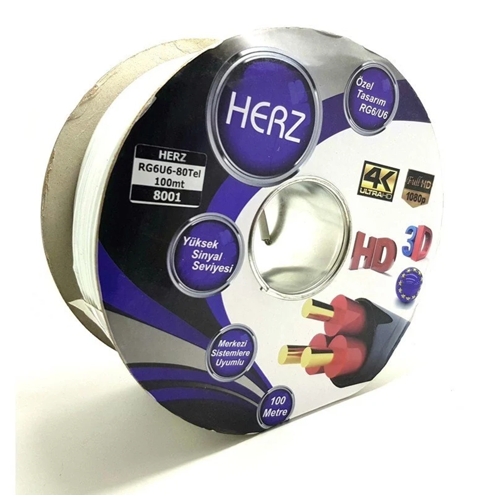 HERZ RG6/U6 8001 ANTEN KABLOSU 80 TEL - 100 METRE GÜMÜŞ BEYAZ