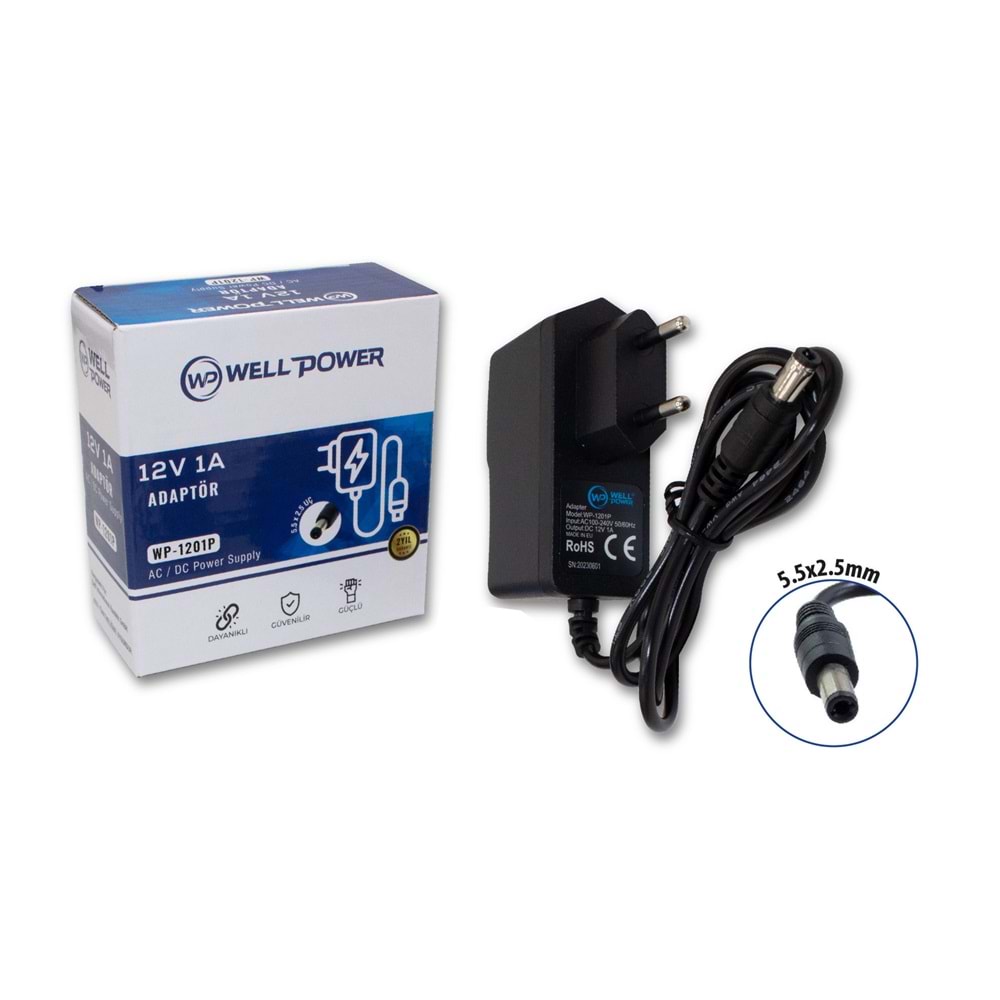 WELLPOWER WP-1201P 12 VOLT 1 AMPER PLASTİK KASA 5,5X2,5 MM