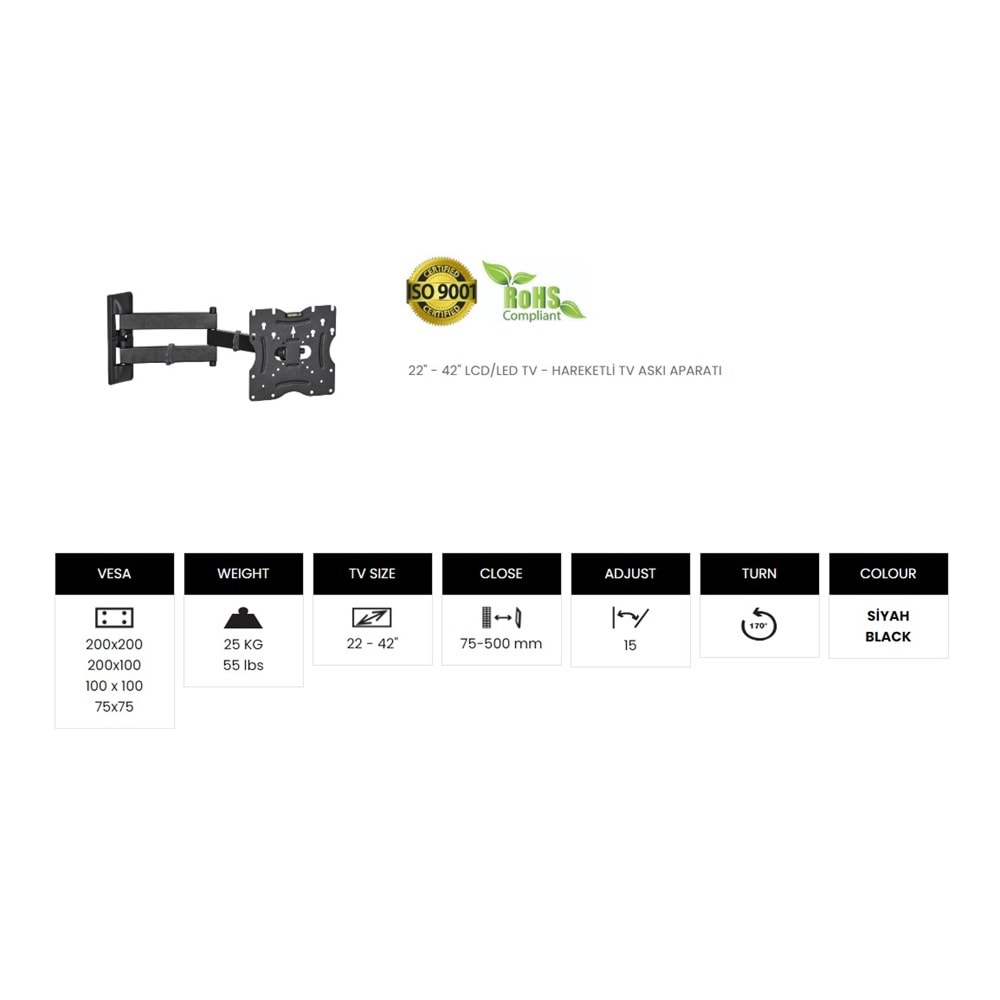 OEM (VT-322 HCL PRO) HÇK 22''-49'' LCD/LED/TV HAREKETLİ ASKI APARATI