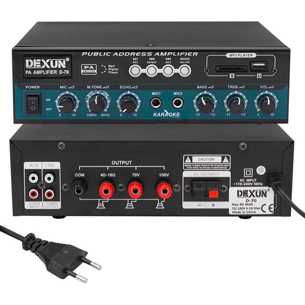 DEXUN D-70 USB-SD-AUX-Bluetooth Destekli 50 Watt 100 Volt 4-16 Ohm Hat Trafolu Anfi