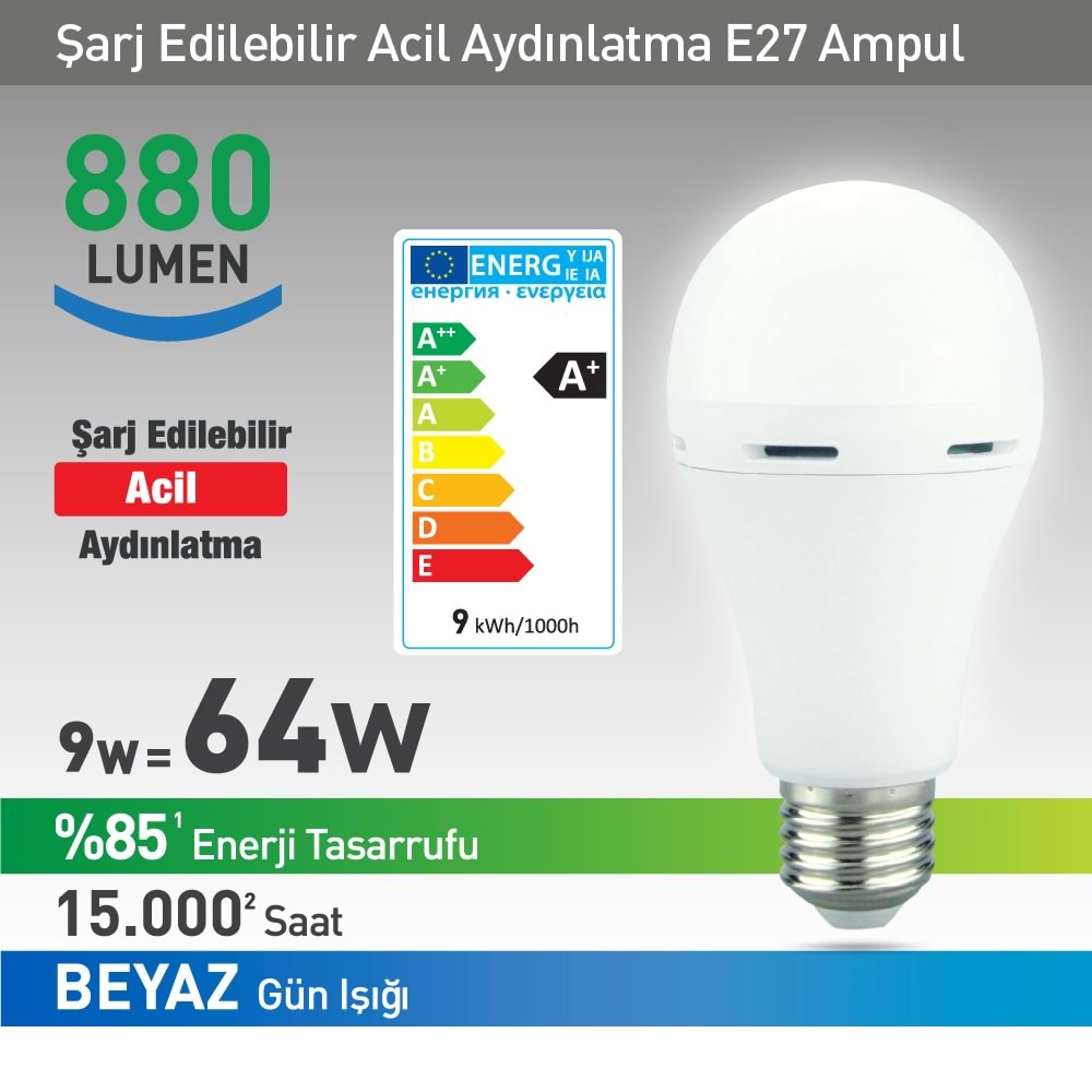 NEXT YE-E27EM-9WB 9W=64W 220 VOLT 880 LÜMEN BEYAZ ŞARJLI LED AMPÜL
