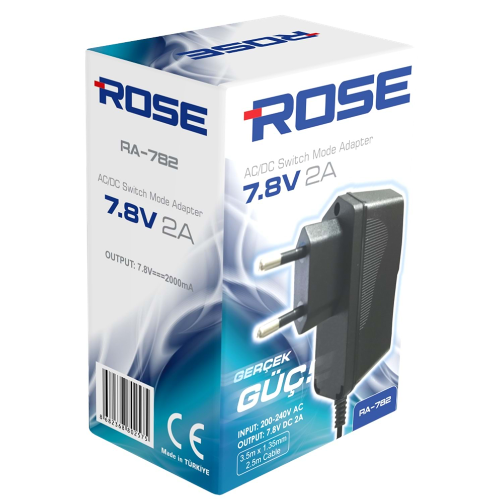 ROSE RA-782 2,5MT 7,8 VOLT 2 AMPER PLASTİK KASA ADAPTÖR 3,5mmx1,35mm