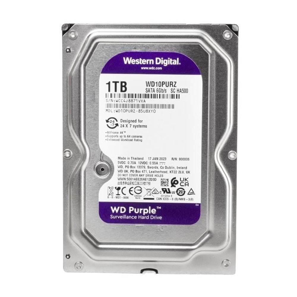 WESTERN DİJİTAL PURPLE WD10PURZ 1TB 7/24 SATA 6Gb/s SC HA500 GÜVENLİK HARDDİSK