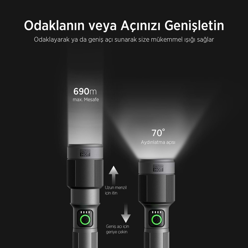 BİX BX5101FL 2300 Lümen 60W Led El Feneri Teleskopik Zoom Metal Gövdeli Şarj Edilebilir 850 Metre Uzun Menzilli Flashlight
