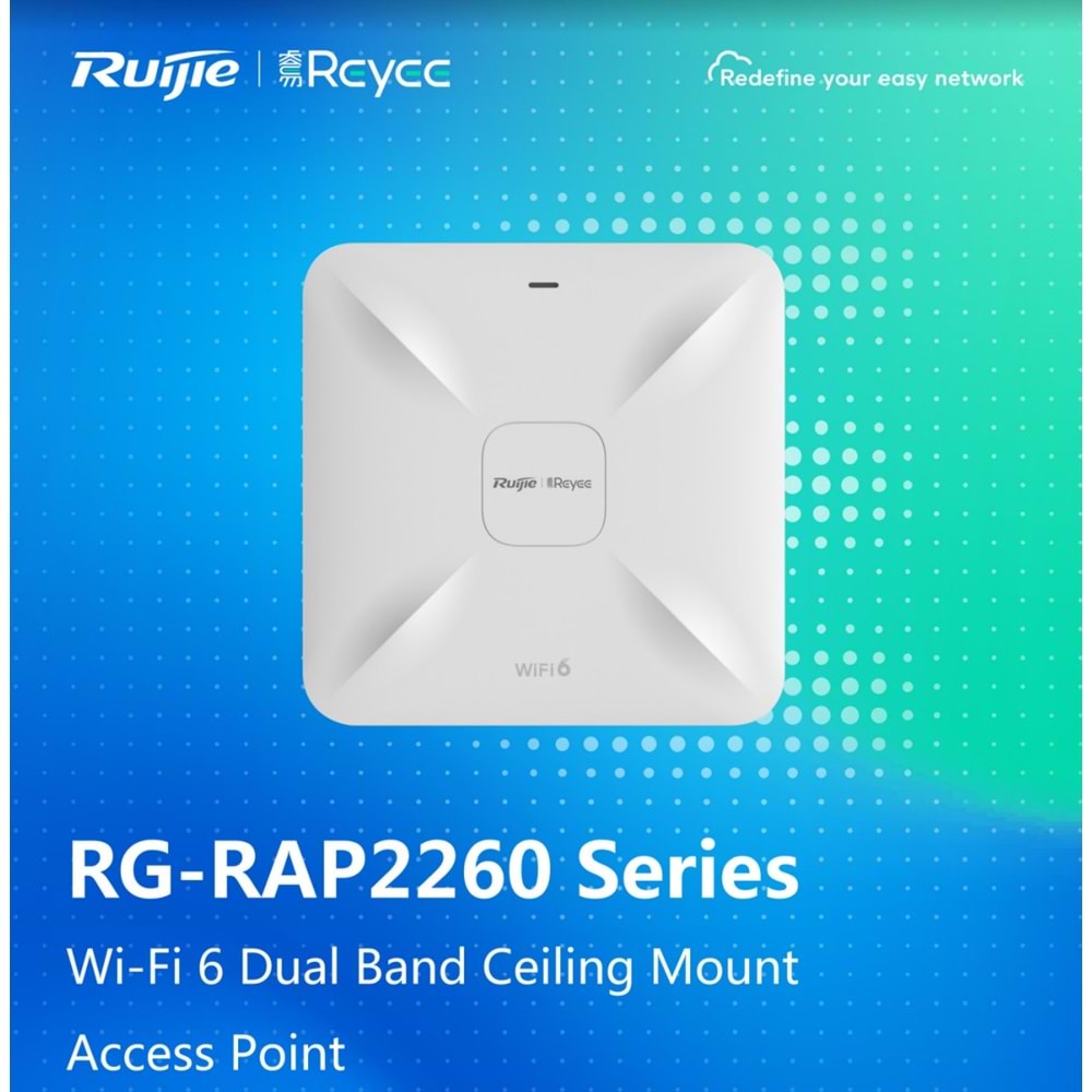 RUIJIE REYEE RG-RAP2260(G) AX1800 Wi-Fi 6 2PORT 2.4G 2x2MIMO 5G 2x2MIMO 23dBm 2.4 GHZ & 5 GHZ POE ADAPTORSUZ INDOOR ACCE