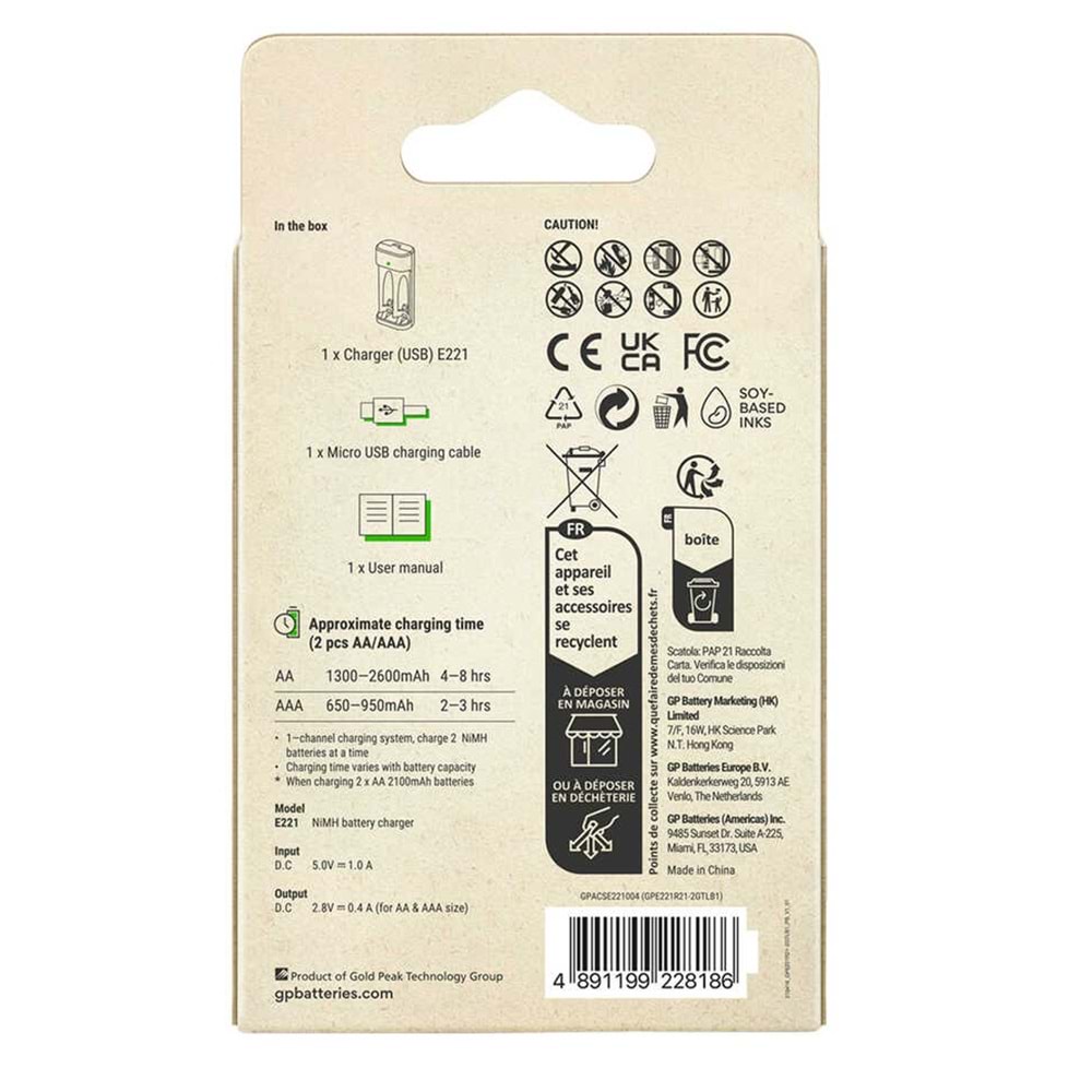GP GPE221R21-2GTLB1 2 Lİ AA AAA Uyumlu Pil Şarj ( PİLSİZ )