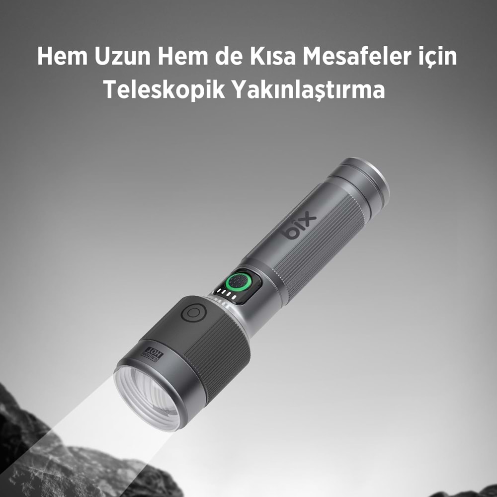 BİX BX5141FL 30W LED, Max. 1800 Lümen Parlaklık ve 690 Metreye Kadar Menzilli Şarj Edilebilir LED Bildirimli Kompakt El Feneri