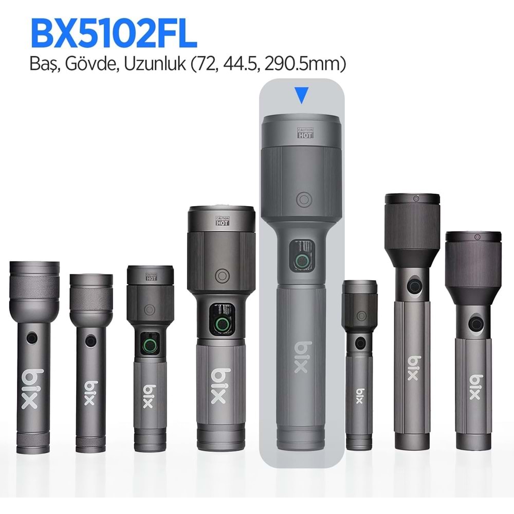 BİX BX5102FL 60W LED, Max. 3000 Lümen Parlaklık ve 1000 Metreye Kadar Uzun Menzilli, Şarj Edilebilir, LED Güç Göstergeli ve Çok Modlu Kompakt El Feneri