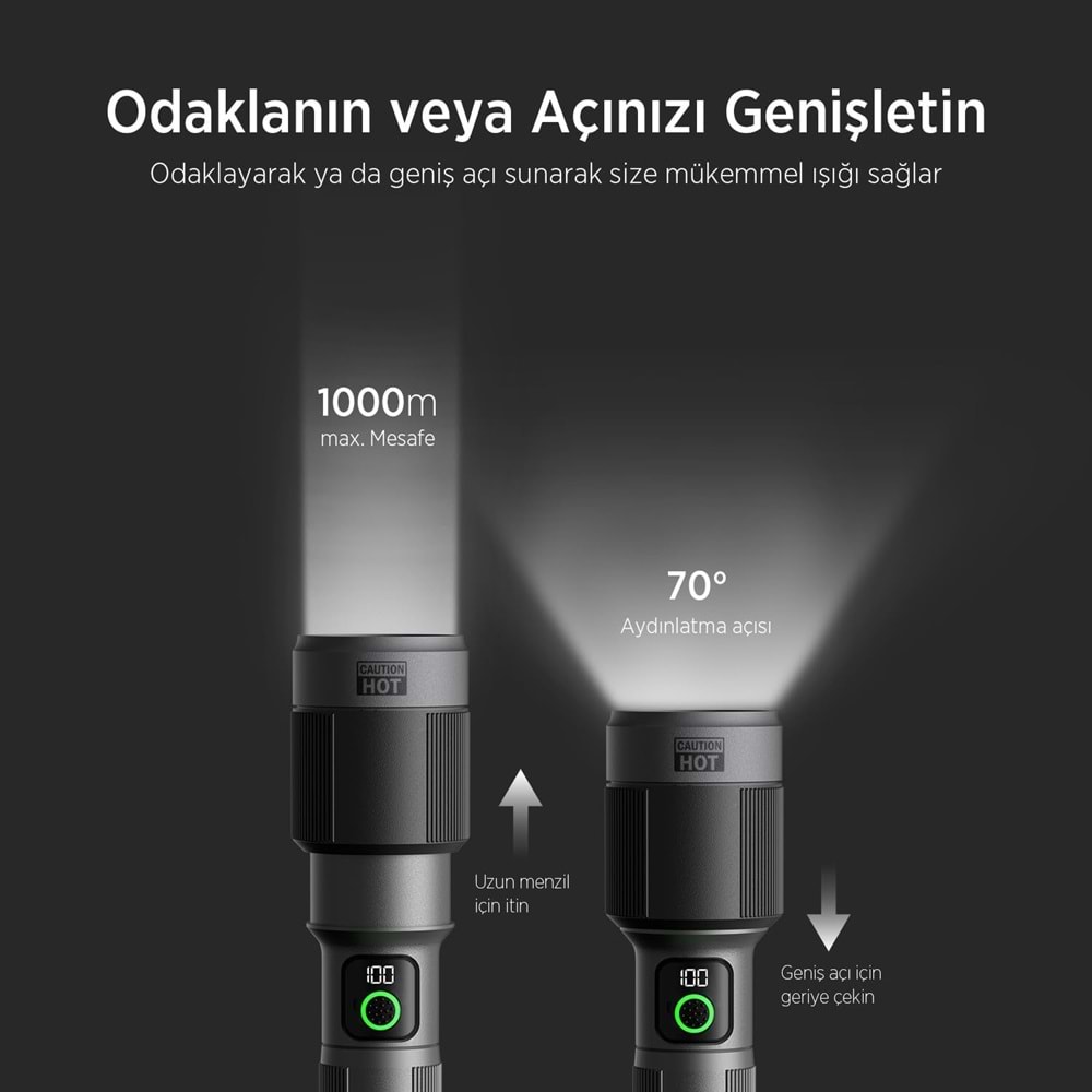 BİX BX5102FL 60W LED, Max. 3000 Lümen Parlaklık ve 1000 Metreye Kadar Uzun Menzilli, Şarj Edilebilir, LED Güç Göstergeli ve Çok Modlu Kompakt El Feneri