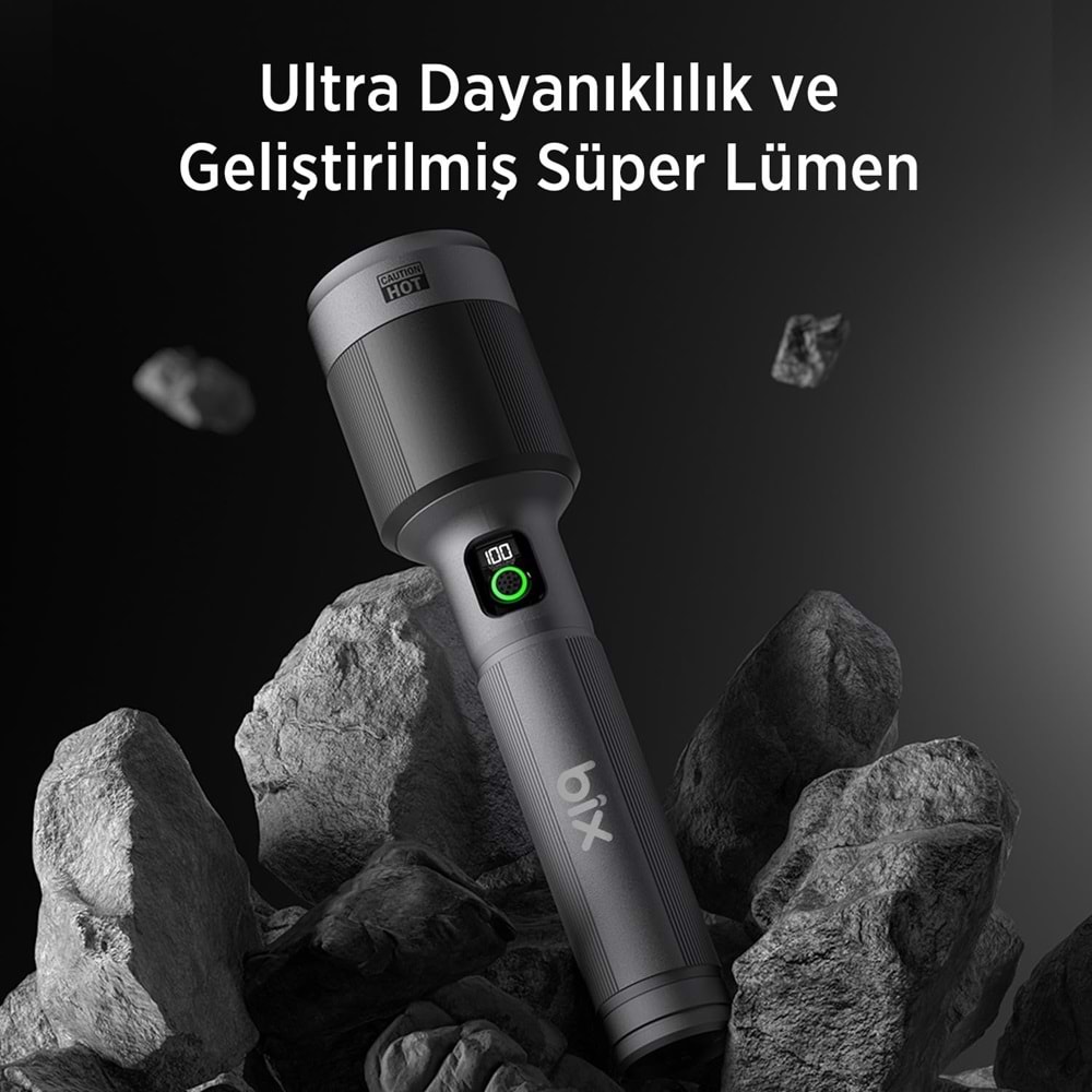 BİX BX5102FL 60W LED, Max. 3000 Lümen Parlaklık ve 1000 Metreye Kadar Uzun Menzilli, Şarj Edilebilir, LED Güç Göstergeli ve Çok Modlu Kompakt El Feneri