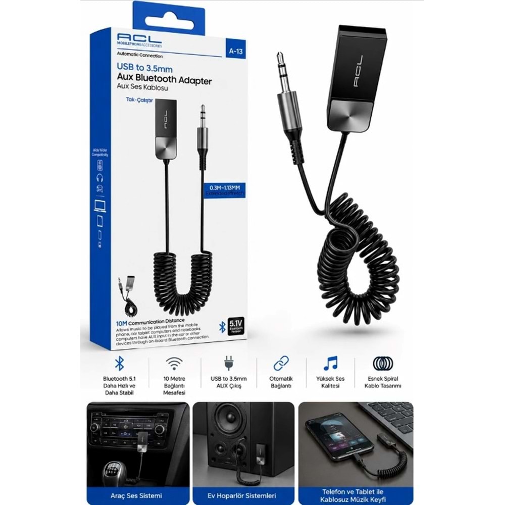 ACL A-13 USB to 3.5mm Aux Bluetooth Adaptör