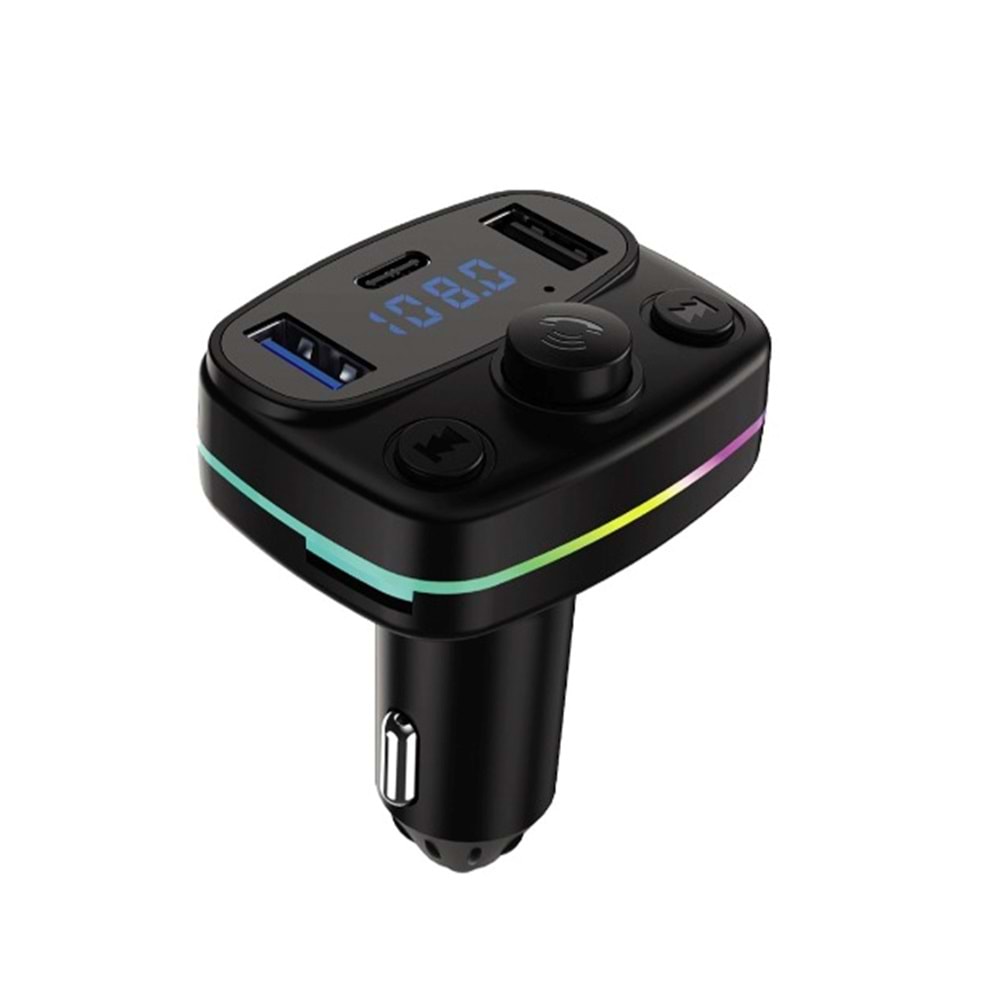 ACL AFT-10 Bluetooth 5.0 Araç İçi FM Transmitter ve Hızlı Şarj Cihazı (Çift USB + Type-C Çıkışlı, 7 Renkli RGB)