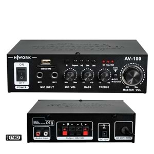 NWORK AV-100 Anfi 100 Watt 12V 220V Bluetooth Usb Sd