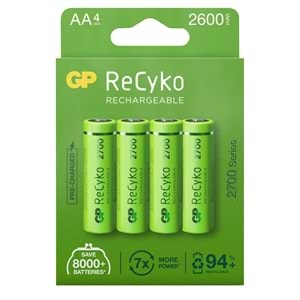 ŞARJLI PİL AA KALEM 2600MAH 2700 SERIES Nİ-MH (4 ADET) GP RECYKO