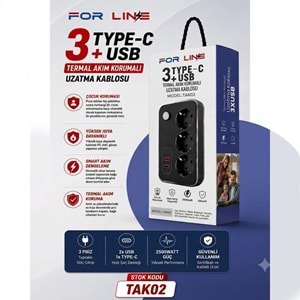 Forline TAK02 3'lü 2mt 1type-C+2usb Çıkışlı Akım Korumalı Grup Priz