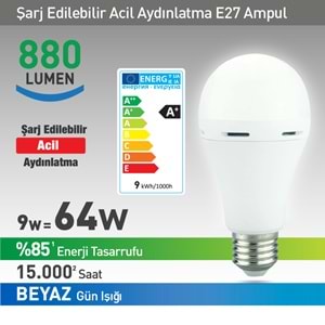 NEXT YE-E27EM-9WB 9W=64W 220 VOLT 880 LÜMEN BEYAZ ŞARJLI LED AMPÜL
