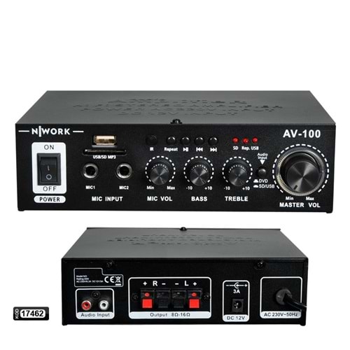 NWORK AV-100 Anfi 100 Watt 12V 220V Bluetooth Usb Sd