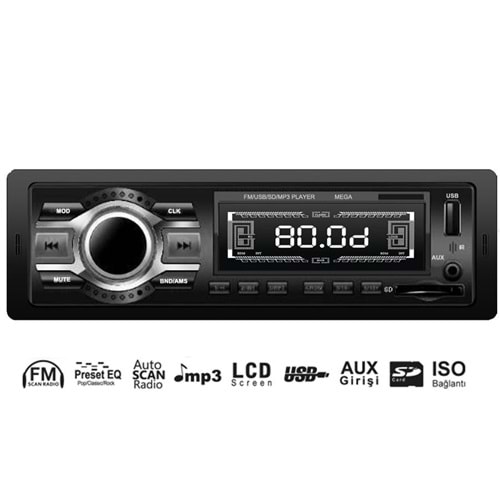 OTO TEYP 4X50W USB/SD/UK/ESP/FM ISO SOKETLİ MEGA MG-762F