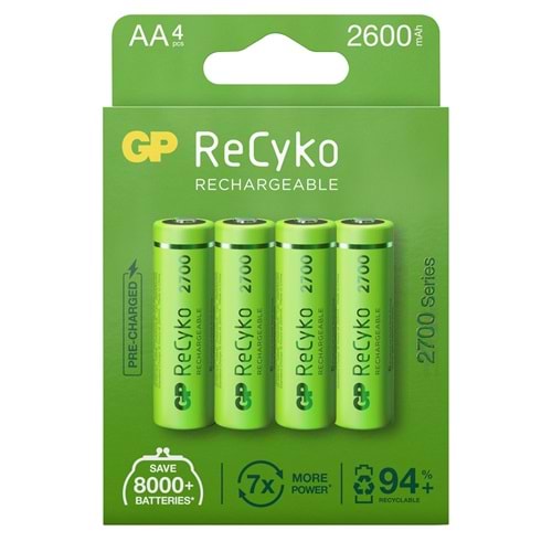 ŞARJLI PİL AA KALEM 2600MAH 2700 SERIES Nİ-MH (4 ADET) GP RECYKO