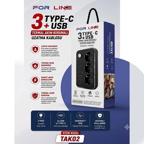 Forline TAK02 3'lü 2mt 1type-C+2usb Çıkışlı Akım Korumalı Grup Priz
