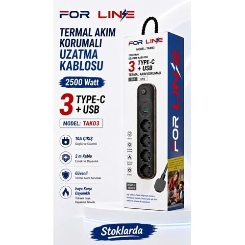 Forline Termal Akım Korumalı Grup Priz 4 LÜ ( Type-c + 2 Usb ) TAK03