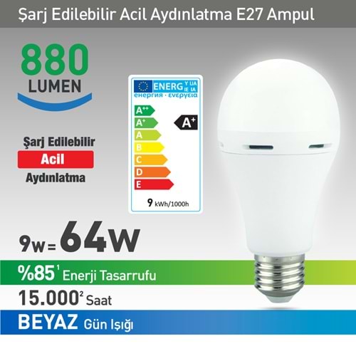 NEXT YE-E27EM-9WB 9W=64W 220 VOLT 880 LÜMEN BEYAZ ŞARJLI LED AMPÜL
