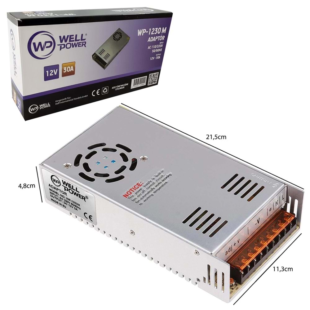 WELLPOWER WP-1230M Metal Kasa Adaptör Fanlı 12 Volt 30 Amper
