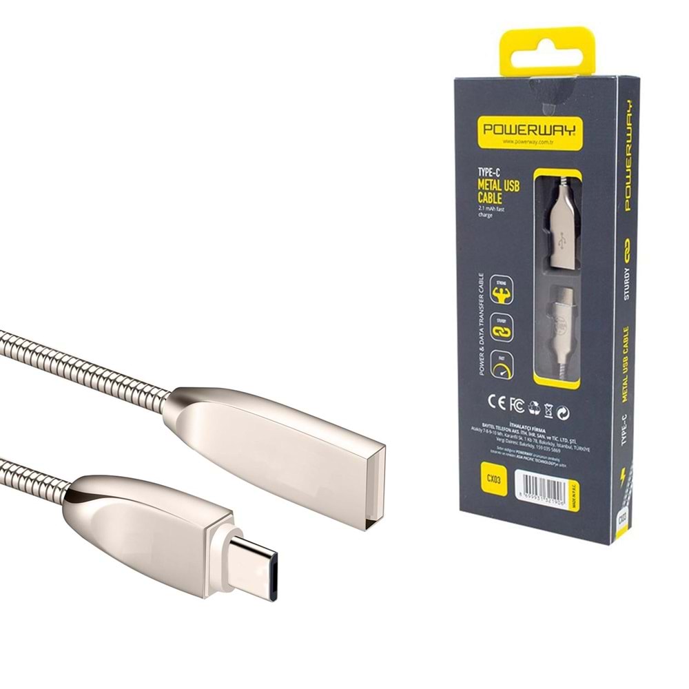POWERWAY CX-03 Şarj Kablosu Type-C 2,1A 1 Metre Metal