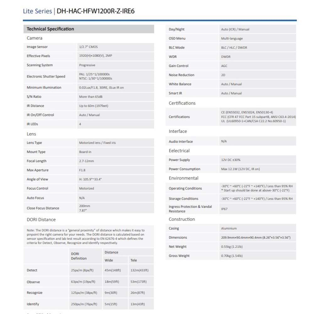 DAHUA DH-HAC-HFW1200R-Z-IRE6 DIŞ MEKAN METAL