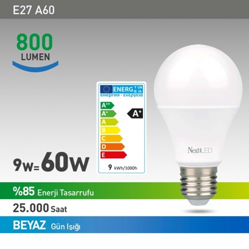 NEXT YE-E27RL-9WB 9W (60W) 220 VOLT 800 LUMEN BEYAZ LED AMPÜL